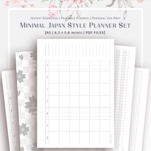 Può includere: Un set di pianificatore in stile giapponese minimal con file PDF. Il set include un pianificatore settimanale, una pagina a griglia e una pagina con un design floreale. Il pianificatore è in formato A5, misura 21,1 x 14,7 cm.