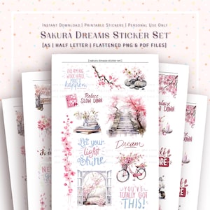 A5 e MEIA CARTA - Conjunto de adesivos Sakura Dreams