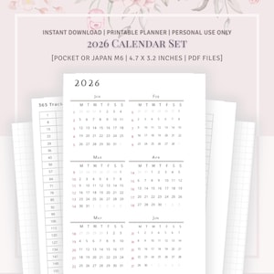 May include: A printable 2026 calendar set, available as an instant download. The calendar is designed for pocket or Japan M6 sizes, measuring 12 x 8 cm. The PDF files include a 365-day tracker and monthly calendars.