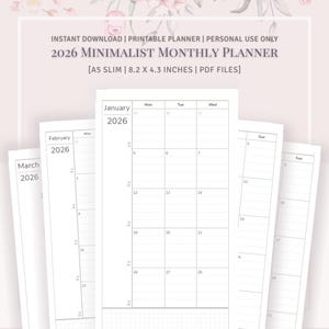 May include: A stack of white 2026 minimalist monthly planner pages. The planner is A5 slim size, 8.2 x 4.3 inches, and available as PDF files. The months of January, February, and March are visible.