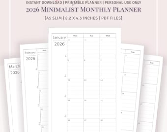 A5 SLIM SIZE - 2026 Minimalist Monthly Planner Set