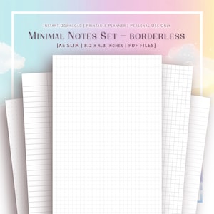 Puede incluir: Un conjunto de hojas de papel blancas con diferentes patrones de cuadrícula y líneas. El texto "MINIMAL NOTES SET - BORDERLESS" está en la parte superior, con "A5 SLIM | 20.8 x 10.9 CM | PDF FILES" debajo. Fondo pastel.