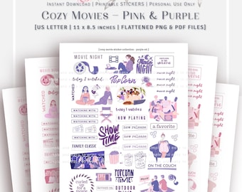 US LETTER - Cozy Movies Printable Sticker Set - Pink and Purple