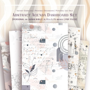 May include: A set of printable agenda dashboard pages with abstract geometric shapes and handwritten text in shades of gray, pink, and black. The pages are designed for personal use and measure 6.75 x 3.75 inches.