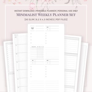 Puede incluir: Un conjunto de planificador semanal minimalista con un fondo rosa claro. El planificador incluye páginas para planes semanales, rastreadores y listas de tareas. El texto en el planificador dice "MINIMALIST WEEKLY PLANNER SET" y mide 20,8 x 10,9 cm.