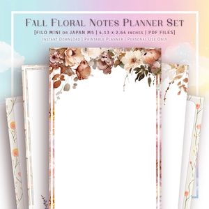 以下が含まれることがあります： 秋の色の花柄が描かれた、印刷可能なプランナーページのセットです。ページは、Filo MiniまたはJapan M5ノートブックで使用するために設計されており、4.13 x 2.64インチです。画像の上部には「FALL FLORAL NOTES PLANNER SET」というテキストがあります。タイトルの下には「[FILO MINI OR JAPAN M5 | 4.13 x 2.64 INCHES | PDF FILES]」というテキストがあります。前のテキストの下には「INSTANT DOWNLOAD | PRINTABLE PLANNER | PERSONAL USE ONLY」というテキストがあります。