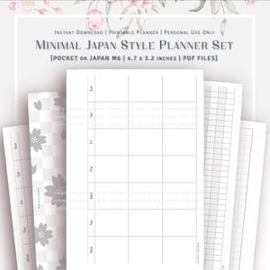 Könnte beinhalten: Ein Minimal Japan Style Planner Set mit weißem Hintergrund. Das Set enthält druckbare Planerseiten mit Wochenlayout und floralem Design. Der Planer ist 12 x 8 cm groß und als PDF-Dateien verfügbar.