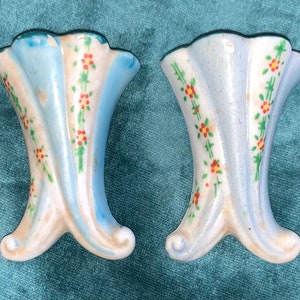 Pair of Vintage made in Japan Ceramic Tiny doll sized Wall Pocket Vases, Handpainted