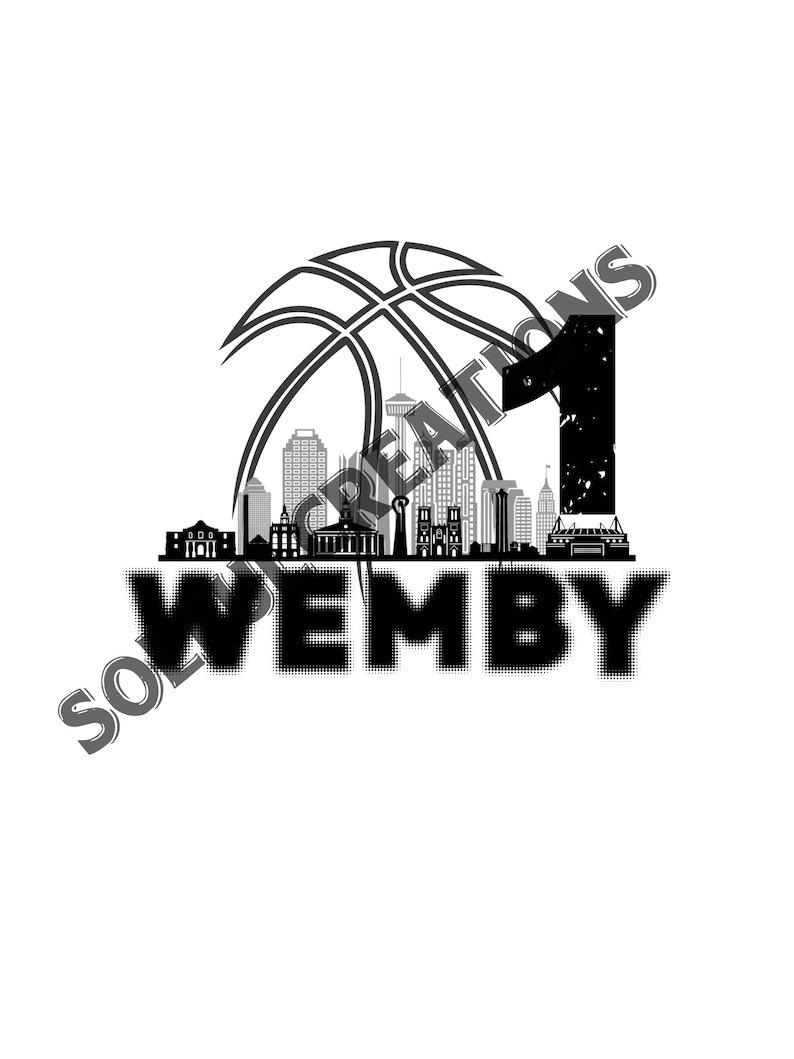 May include: Black and white graphic design featuring a basketball with a city skyline and the text "WEMBY" and the number "1".