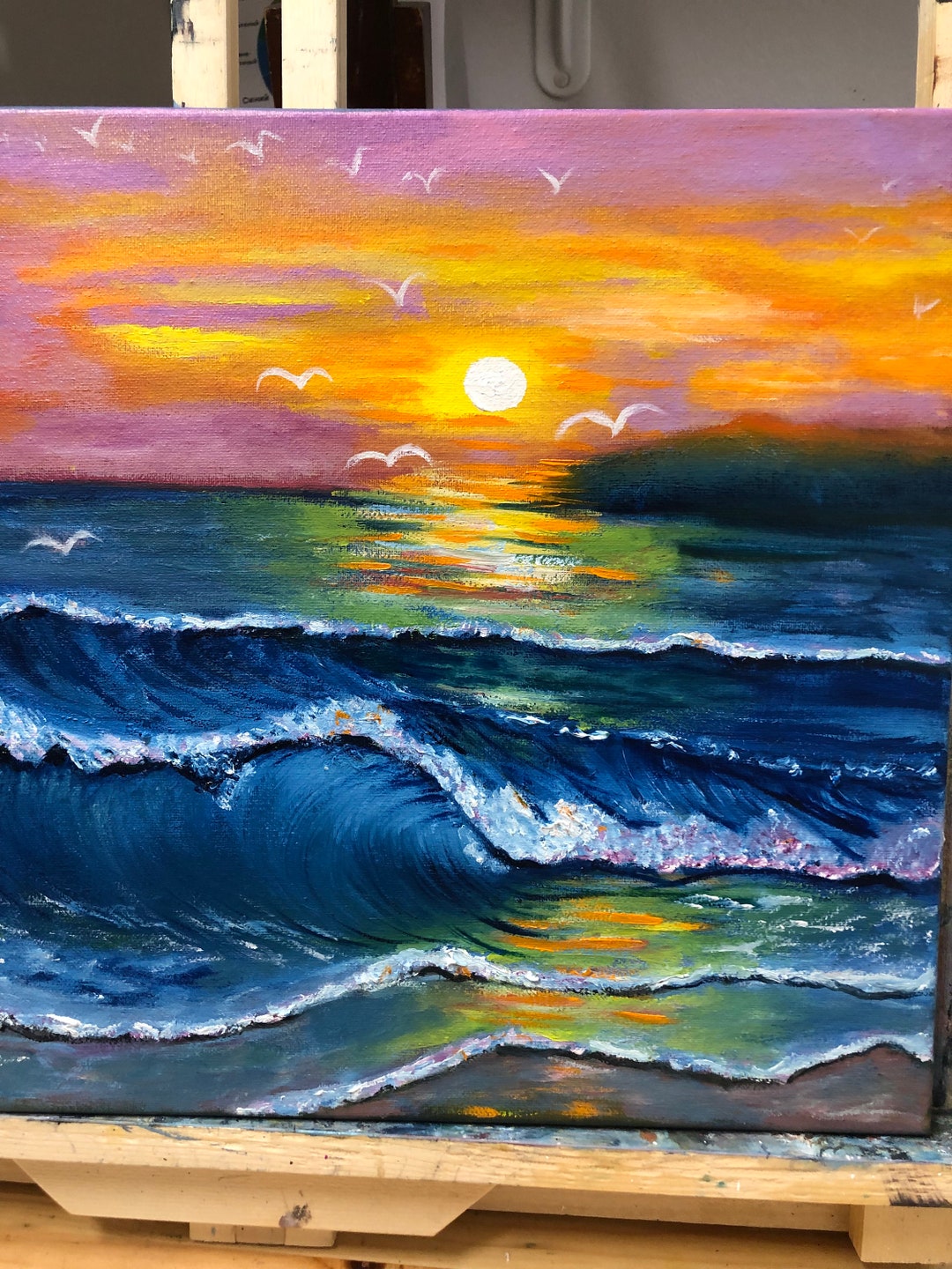 Sunset Oil Painting on Canvas, Hand Painted Original, Size 14x14 In