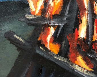 焚き火のキャンバスのアクリル画、手描きのオリジナル、サイズ 12