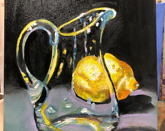 Decanter with lemon oil on Canvas, Hand Painted Original, Size 12x12 in, Bird, Nature, Wall Art, Wall Decor