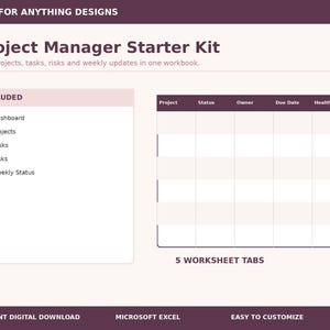 Könnte beinhalten: Eine digitale Arbeitsmappenvorlage Project Manager Starter Kit in Dunkellila und Hellrosa. Sie enthält eine Liste mit Dashboard, Projects, Tasks, Risks und Weekly Status sowie eine Tabelle mit den Spalten Project, Status, Owner, Due Date und Health.