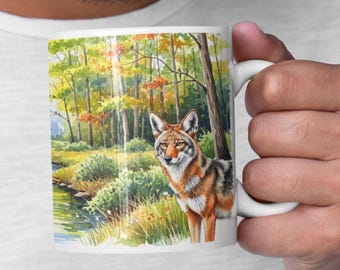 Eastern Coyote Forest Scene Mug | Ceramic Coffee Mug, Woodland Creek Morning