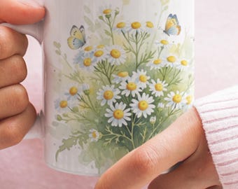 Wildflower Bouquet Mug | Ceramic Mug with Butterflies, Daisy Floral Design