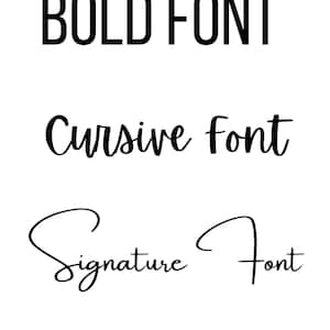 Może przedstawiać: Grafika przedstawiająca trzy r&oacute;żne style czcionek: "BOLD FONT" w wielkich literach, "Cursive font" w stylu pisma odręcznego i "Signature Font" w stylu ozdobnym.