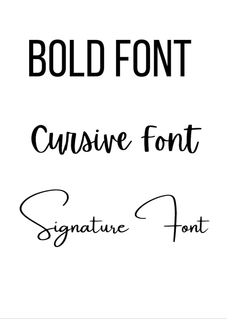 Może przedstawiać: Grafika przedstawiająca trzy r&oacute;żne style czcionek: "BOLD FONT" w wielkich literach, "Cursive font" w stylu pisma odręcznego i "Signature Font" w stylu ozdobnym.