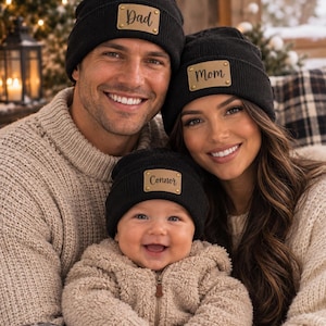 Personalized Family Beanies, Custom Matching Christmas Hats, Cozy Knit Winter Caps, Custom Name Patch Gifts, Holiday Christmas Gifts