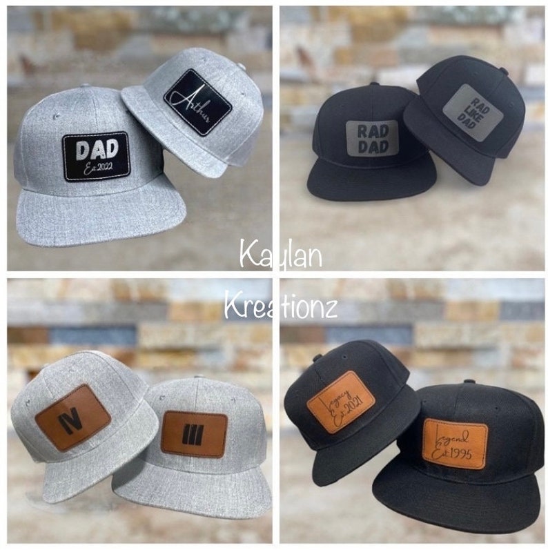 May include: Four different baseball caps with personalized leather patches. The patches feature the text "Dad Est 2022", "Arthur", "Rad Dad", "Legend Est 1995", and "Jenny Est 2021".