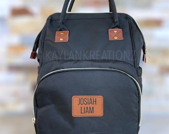 Personalized Diaper Backpack: Custom Name Leather Patch Baby Bag