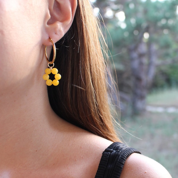 Yellow Jade Flower 14k Gold-Plated Earrings, Tiny Minimalist Round Jadeite Gemstone Beads Crystal Hoops