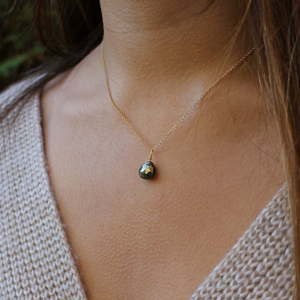 Faceted Pyrite Pendant Necklace, 14k Gold-Plated Chain, Tiny Minimalist Dainty Gemstone Teardrop Natural Crystal