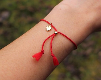 Red Silk String Heart Charm Love Bracelet 14k Gold-Plated Bead - Kabbalah, Buddhism, Karma, Luck, Protection Against Evil Eye, Minimalist