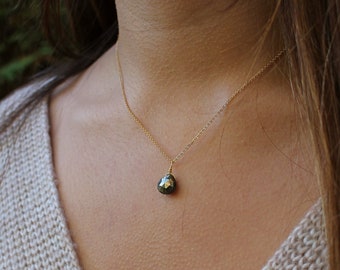Faceted Pyrite Pendant Necklace, 14k Gold-Plated Chain, Tiny Minimalist Dainty Gemstone Teardrop Natural Crystal