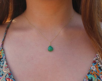 Green Jade 14k Gold-Plated Chain Necklace - Tiny Minimalist Dainty Jadeite Gemstone Teardrop Natural Crystal Pendant
