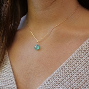 Blue Aqua Chalcedony Necklace,  14k Gold-Plated Chain, Tiny Minimalist Dainty Faceted Gemstone Teardrop Natural Crystal Pendant