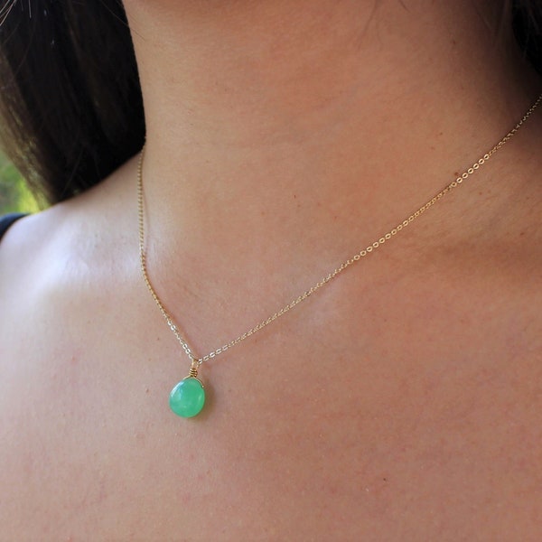 Green Chrysoprase Necklace, 14k Gold-Plated Chain, Tiny Minimalist Dainty Gemstone Teardrop Natural Crystal Pendant