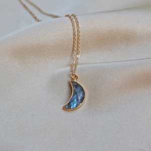 Labradorite Moon Necklace, 14k Gold-Plated Chain, Tiny Dainty Faceted Gemstone Moon Crescent Shaped Natural Crystal Pendant