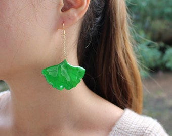 Real Ginkgo Biloba Earrings, Leaf Dried in Resin, Natural Dangle Earrings 14k Gold-Plated