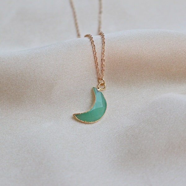 Chrysoprase Moon Necklace, 14k Gold-Plated Chain, Tiny Dainty Faceted Gemstone Moon Crescent Shaped Natural Crystal Pendant