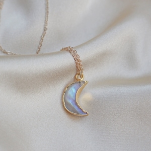 Rainbow Moonstone Moon Necklace, 14k Gold-Plated Chain, Tiny Dainty Faceted Gemstone Moon Crescent Shaped Natural Crystal Pendant