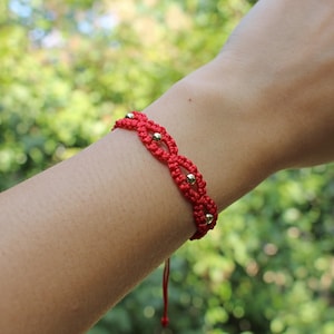 7 Golden Eyes Red String Knots Braided Macramé Bracelet, Traditional Kabbalah & Buddhism, Karma, Luck, Protection Against Evil Eye