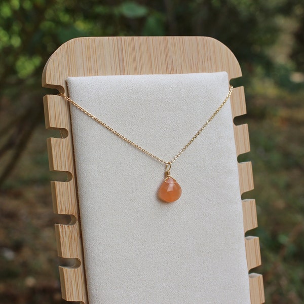 Faceted Peach Moonstone 14k Gold-Plated Necklace, Tiny Dainty Gemstone Teardrop Natural Crystal Pendant