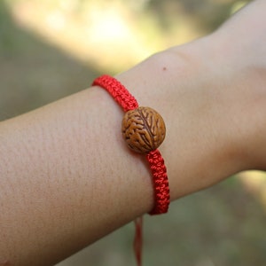 Peach Pit Red Silk String Knots Braided Tibetan Bracelet, Traditional Buddhism, Karma, Luck, Protection Against Evil Eye, Minimalist