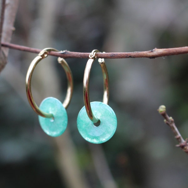 Green Jade 14k Gold-Plated Earrings - Tiny Minimalist Pi Round Donut Gemstone Crystal Hoops