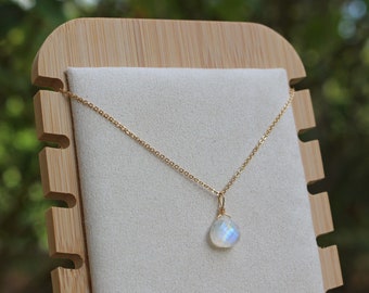 Faceted Rainbow Moonstone Necklace, 14k Gold-Plated Chain, Tiny Minimalist Dainty Gemstone Teardrop Natural Crystal Pendant