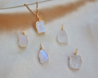 Raw Rainbow Moonstone Necklace, 14k Gold-Plated Chain, Tiny Minimalist Dainty Gemstone Natural Crystal Pendant