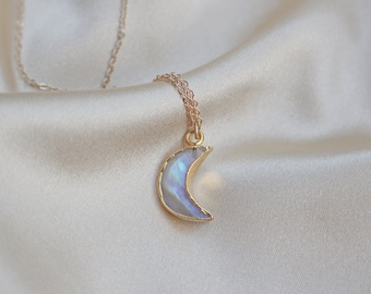 Rainbow Moonstone Moon Necklace, 14k Gold-Plated Chain, Tiny Dainty Faceted Gemstone Moon Crescent Shaped Natural Crystal Pendant