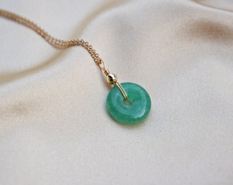 Green Jade Donut 15mm 14k Gold-Plated Necklace - Tiny Minimalist Pi Round Donut Gemstone Crystal Pendant
