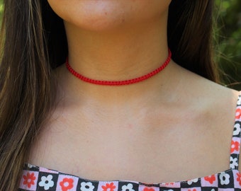 Red Silk String Knots Braided Choker Necklace- Traditional Kabbalah & Buddhism, Karma, Luck, Protection Against Evil Eye, Minimalist