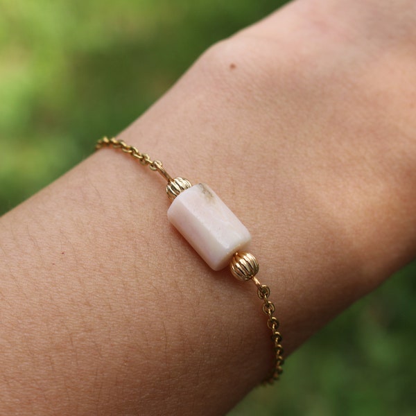 Pink Opal Beaded Bracelet 14k Gold-Plated - Tiny Dainty Minimalist Raw Faceted Gemstone Crystal Bead