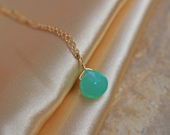 Green Chrysoprase Necklace, 14k Gold-Plated Chain, Tiny Minimalist Dainty Faceted Gemstone Teardrop Natural Crystal Pendant