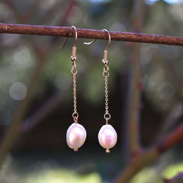 Freshwater Pearls 14k Gold-Plated Earrings - Tiny Minimalist Natural Baroque Freshwater Pearls Nugget Pendants Earwire