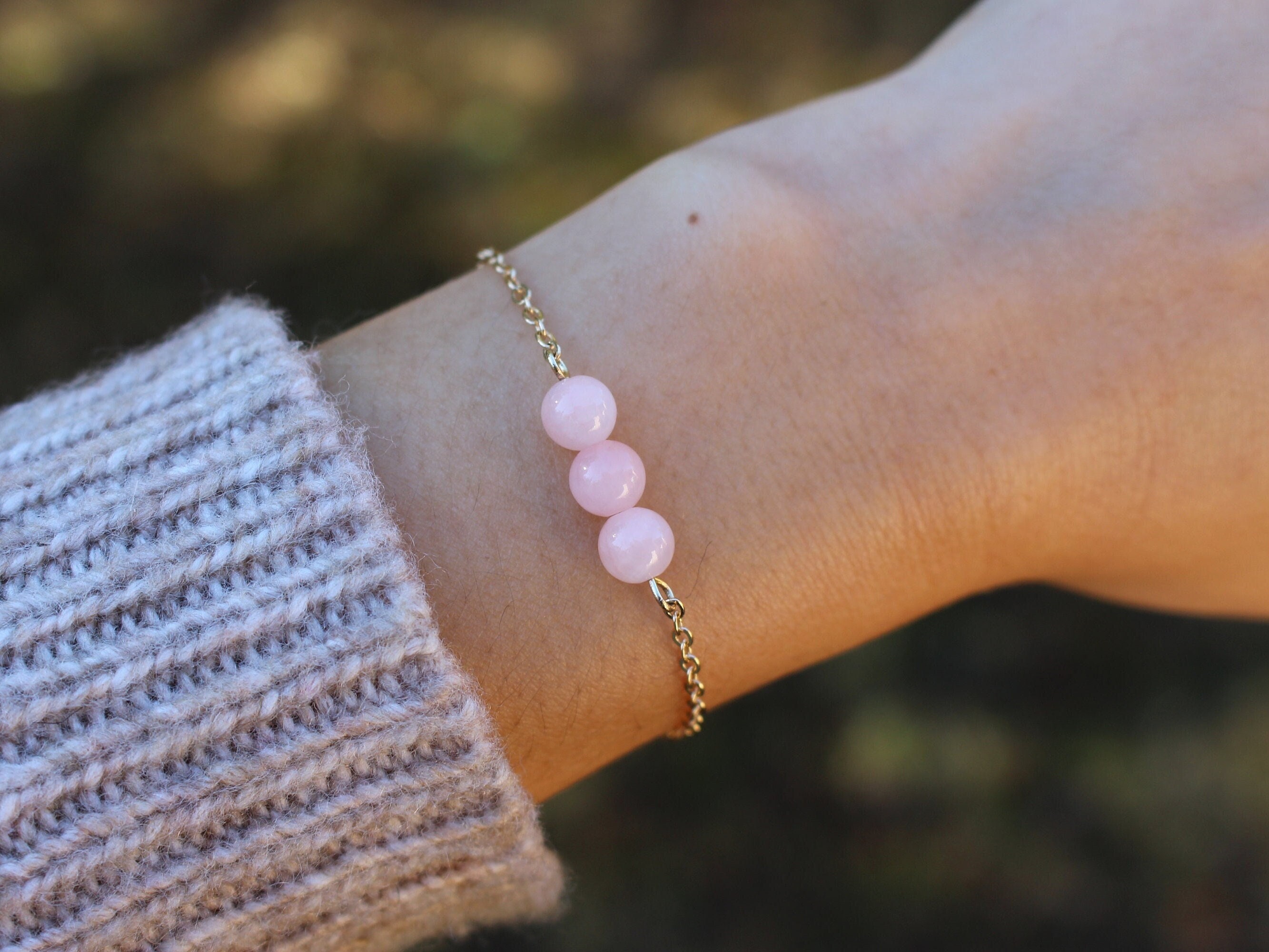 Rose Quartz Beaded Bracelet 14k Gold-Plated, Tiny Dainty Minimalist Gemstone Crystal Bead