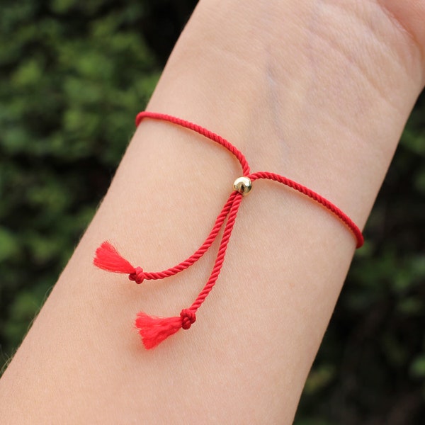 Red Silk String Bracelet 14k Gold-Plated Bead, Traditional Kabbalah & Buddhism, Karma, Luck, Protection Against Evil Eye, Minimalist