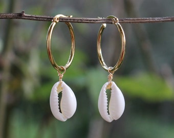 Cauri Shells Hoops Earrings 14k Gold-Plated Hoops, Tiny Minimalist Natural Sea Shellfish Cowrie Creoles